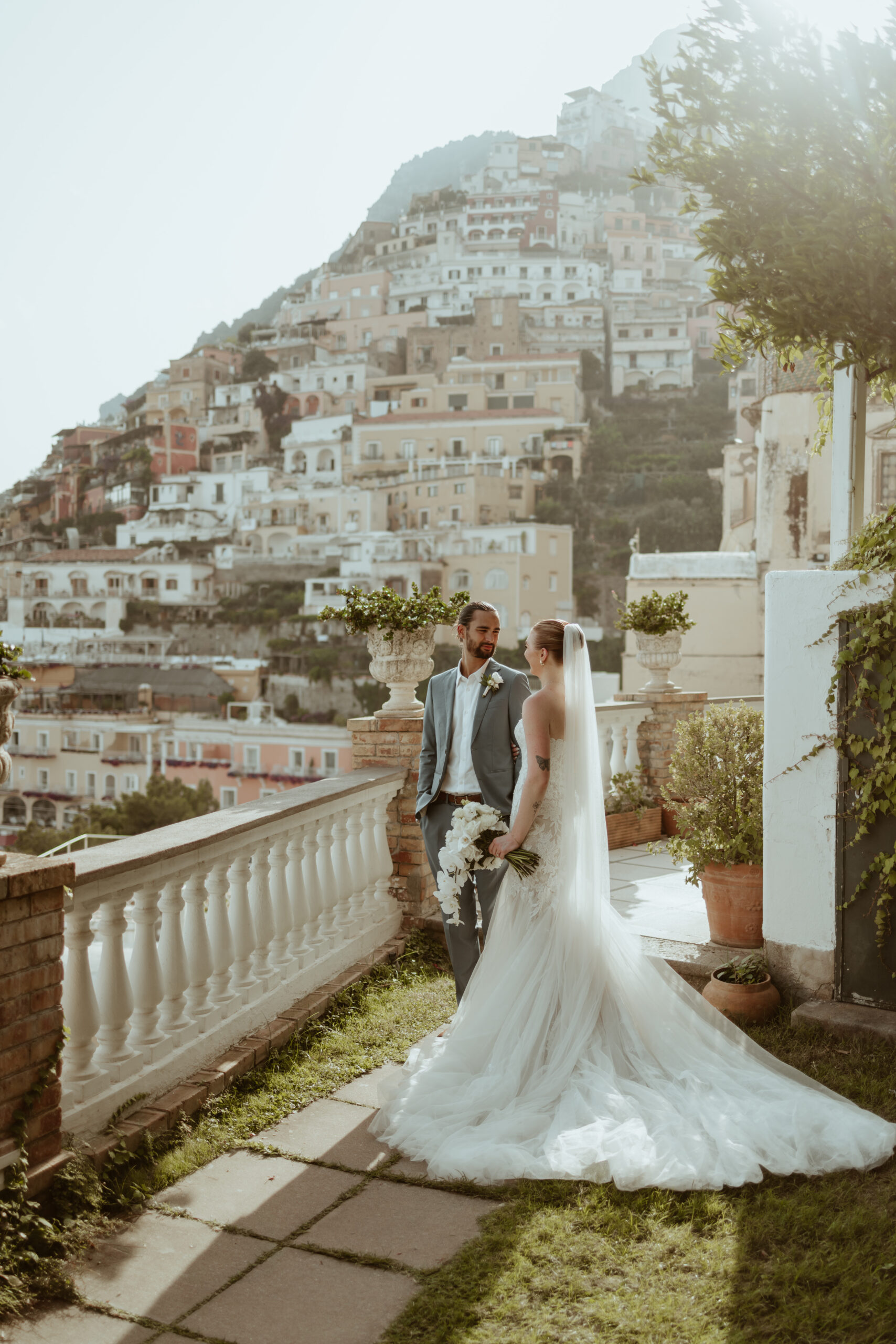 Amalfi Coast Wedding Couple Being Intimate after Outdoor Summer Ceremony